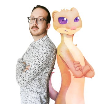 Homme avec lunettes et illustration de personnage félin.