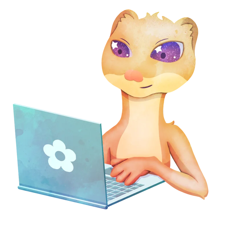 Illustration : la belette Web Weasel travaille sur un ordinateur portable