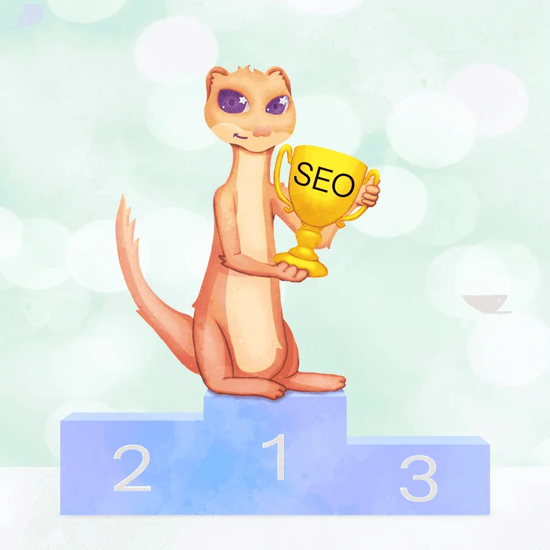 Illustration : la belette Web Weasel brandit un trophée sur un podium de résultats de recherche