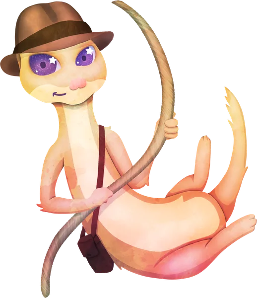 Belette Web Weasel en aventurière, chapeau sur la tête et liane à la main